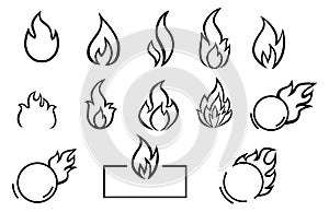 fire flat line icons, flames, flame of various shapes, bonfire vector