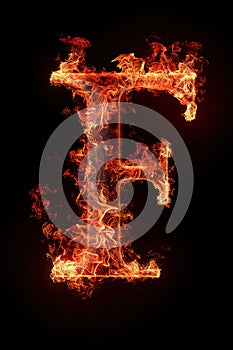 Fire font alphabet F made of burning fire letter on black background