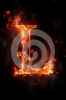 Fire font alphabet L made of burning fire letter on black background