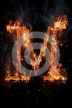 Fire font alphabet M made of burning fire letter on black background