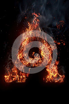 Fire font alphabet A made of burning fire letter on black background