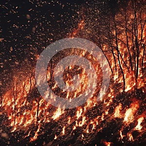 Fire in the forest, burning dry grass and trees in the foreground