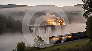 fire in the forest A burning train on fire, exploding, that crosses a exploding bridge being blown up, over a river