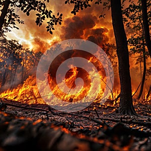 fire in a forest, with the flames seen close up