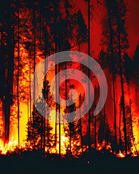 Fire in the forest at night, generative ai