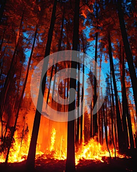 Fire in the forest at night, generative ai