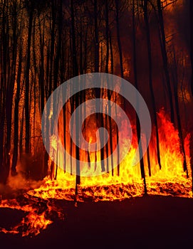 Fire in the forest at night, generative ai