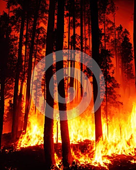 Fire in the forest at night, generative ai