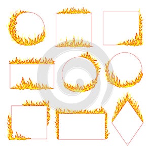 Fire Frame with Hot Burning Tongue of Flame and Shaped Border Vector Set