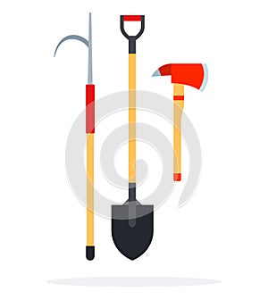 Fire gaff, shovel and an ax flat isolated vector photo