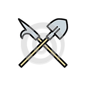 Fire gaff with shovel, firefighter equipment flat color line icon.