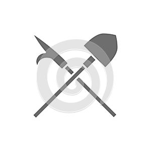 Fire gaff with shovel, firefighter equipment grey icon. photo