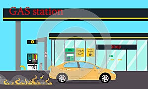 Fire at gas station. Vector illustration