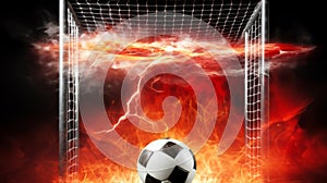 Fire Goal. Soccer ball in front of the gate on a fiery background, a feeling of strength and tension