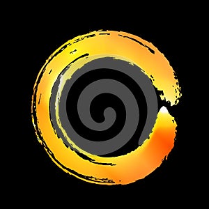 Fire-gold circle on a black background, abstract background, round frame.