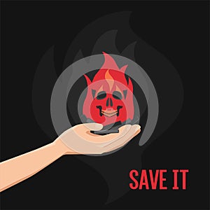 Fire in the hand. Fire hazard warning, safe handling with open flame. Social poster about maintaining safety and life. vector