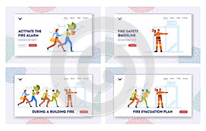 Fire Hazard at Workplace Landing Page Template Set. Fireman with Megaphone Announce Emergency Evacuation Alarm