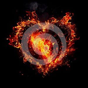 Fire heart isolated on black background. Flame symbol of love, intense emotions, passion. Gift for Valentine's Day