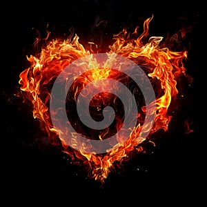 Fire heart isolated on black background. Flame symbol of love, intense emotions, passion. Gift for Valentine's Day