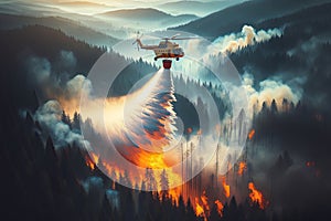 A fire helicopter extinguishes a forest fire in a mountainous area.