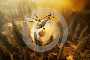 A fire helicopter is flying to extinguish the fire in the forest with Ai Generated