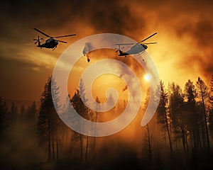 Fire helicopters are extinguishing forest fires.
