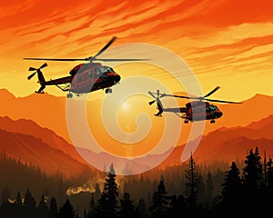 Fire helicopters are extinguishing forest fires.