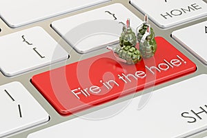 Fire in the hole concept, on the computer keyboard. 3D rendering
