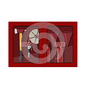 Fire hose cabinet on white background. Box with firefighter`s equipment: axe, extinguisher, hose and bucket