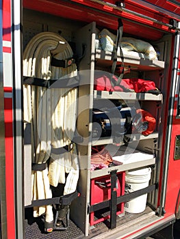 Fire Hose, Firefighting Equipment in a Fire Truck, Rutherford, NJ, USA