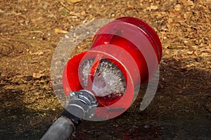 Fire hose with water on the ground.