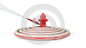 Fire hose wrapped around of hydrant and squirting water. isolated on white background. 3d illustration