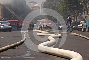 Fire hoses stretching