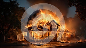 Fire in house. The house is on fire, engulfed in flames. Burning building. Wildfire. Inferno Destroys Home. Catastrophe