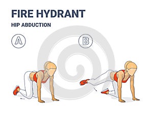 Fire Hydrant Exercise, Female Home Workout Routine Guidance or Hip Abduction Women fitness exercise.