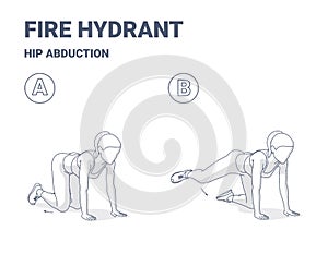 Fire Hydrant Exercise, Women Home Workout Routine Guidance or Hip Abduction Female fitness exercise.