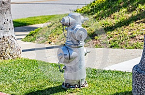 Fire hydrant silver color painted outdoors in a park, sunny spring day