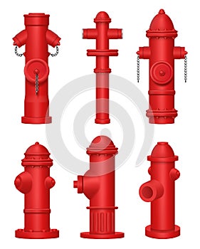 Fire hydrant. Urban red pipes for helping fireman fights with flame water street specific checkpoint decent vector