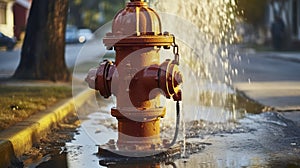 Fire hydrant wide open gushing water onto the street, where water is falling back down over the pavement. Generative AI