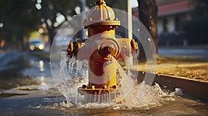Fire hydrant wide open gushing water onto the street, where water is falling back down over the pavement. Generative AI