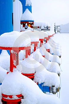 Fire hydrants in the snow at the factory