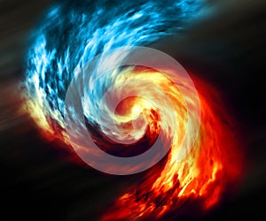 Fire and ice abstract background. Red and blue smoke swirl on dark background