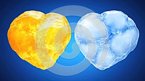 Fire and ice hearts, digital art, blue background, contrast concept