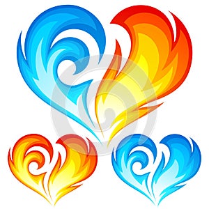 Fire and Ice vector hearts. Symbol of love