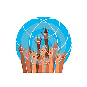 Fire icon. Hands with earth, people of the world holding the globe flat sticker, poster etc