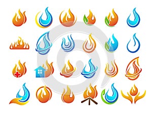 Fire icon set, water drop icon with green leaves.