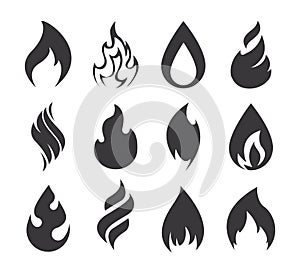 Fire icon. Simple black fire flames set isolated on white background. Collection of silhouette light effect elements for web.