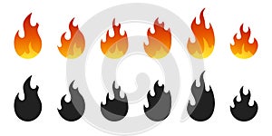 Fire icon vector set isolated from background. Different dark and color gradient fire icons in modern flat style