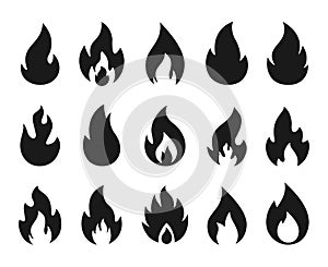 Fire icons. Burning flame silhouette logos, simple fire symbols for hot sauce and kitchen grill. Vector fire energy