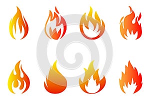 Fire icons in red orange yellow gradient color on white background set 1.